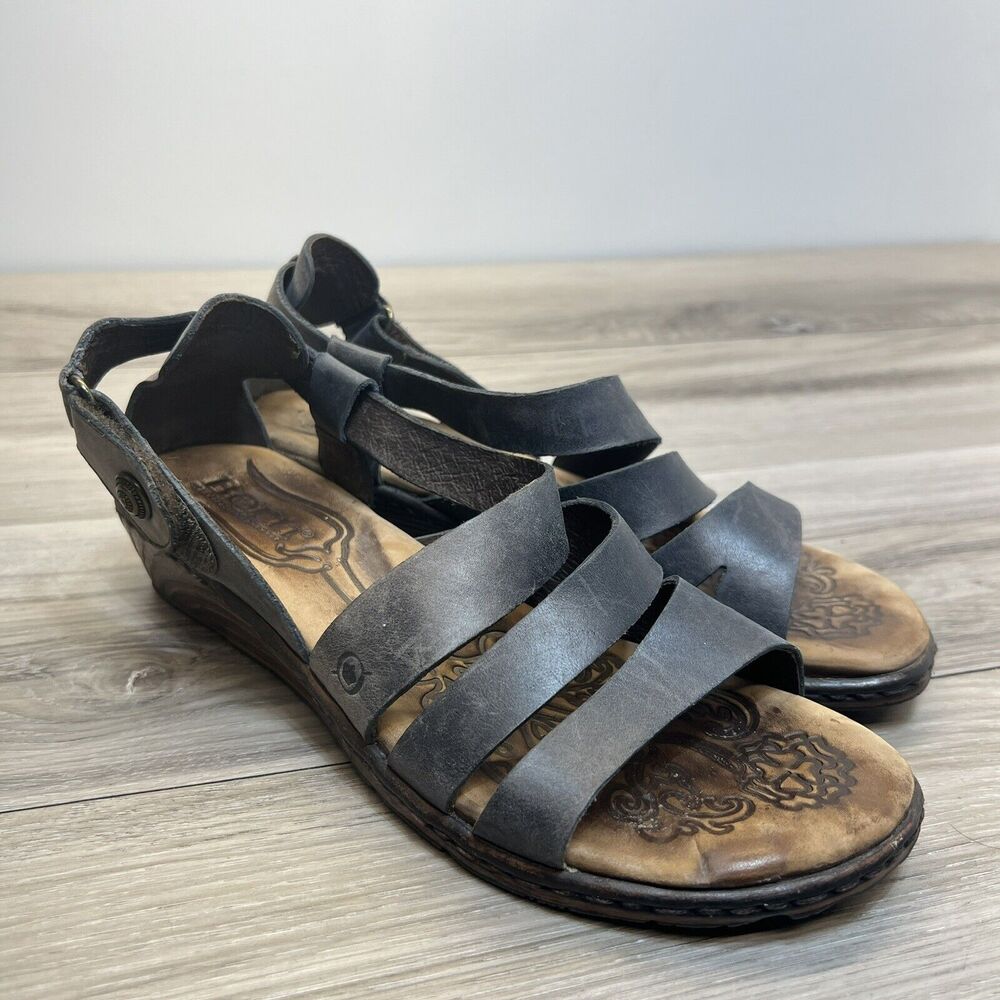 BORN Dark Gray Leather Strappy Low Wedge Sandals Strappy Comfort Shoes 38/7